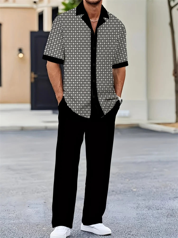 Ensemble 2 Pièces Homme Chemise Imprimée 3D Col Cranté + Pantalon Casual Voyage – 26 Motifs, S à 2XL – CLEVI Paris