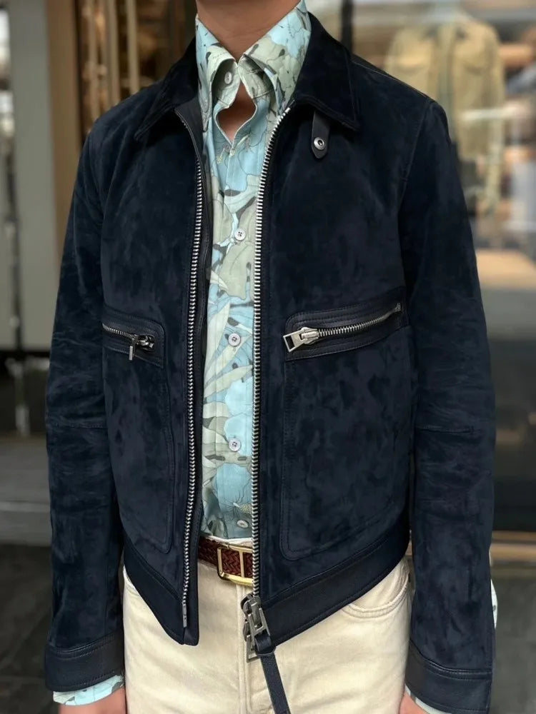 Blouson homme bleu foncé aspect daim – CLEVI Paris