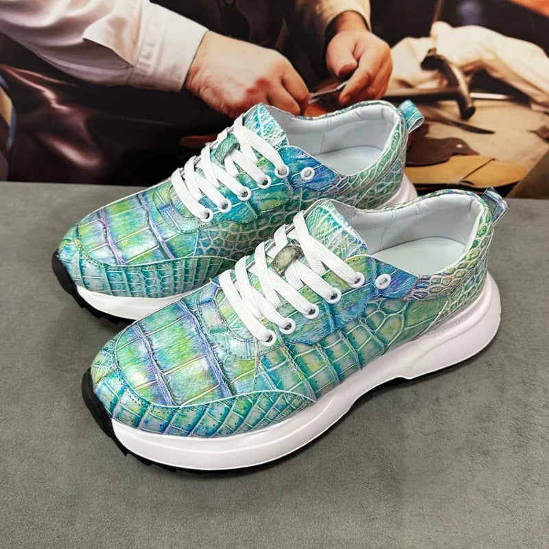 Sneakers Cuir Croco Bleu Peint Main Lacets Homme – CLEVI Paris