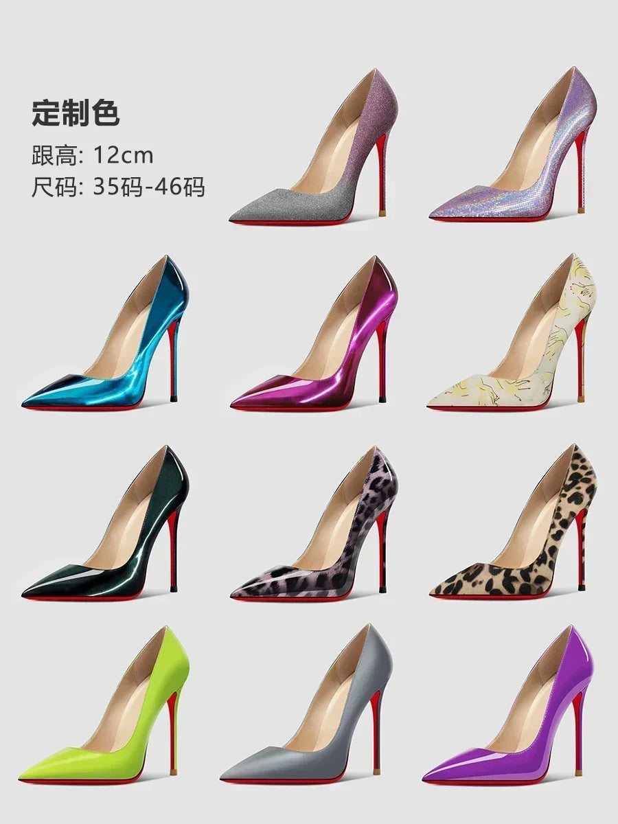 Nouveaux talons hauts noirs de 12 cm pour femmes et hommes, couleur personnalisable, talons fins, grande taille, chaussures pointues sexy.