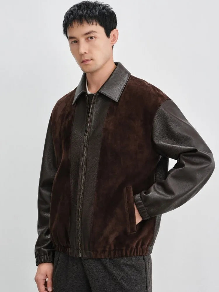 Veste homme en cuir à empiècements contrastants – CLEVI Paris