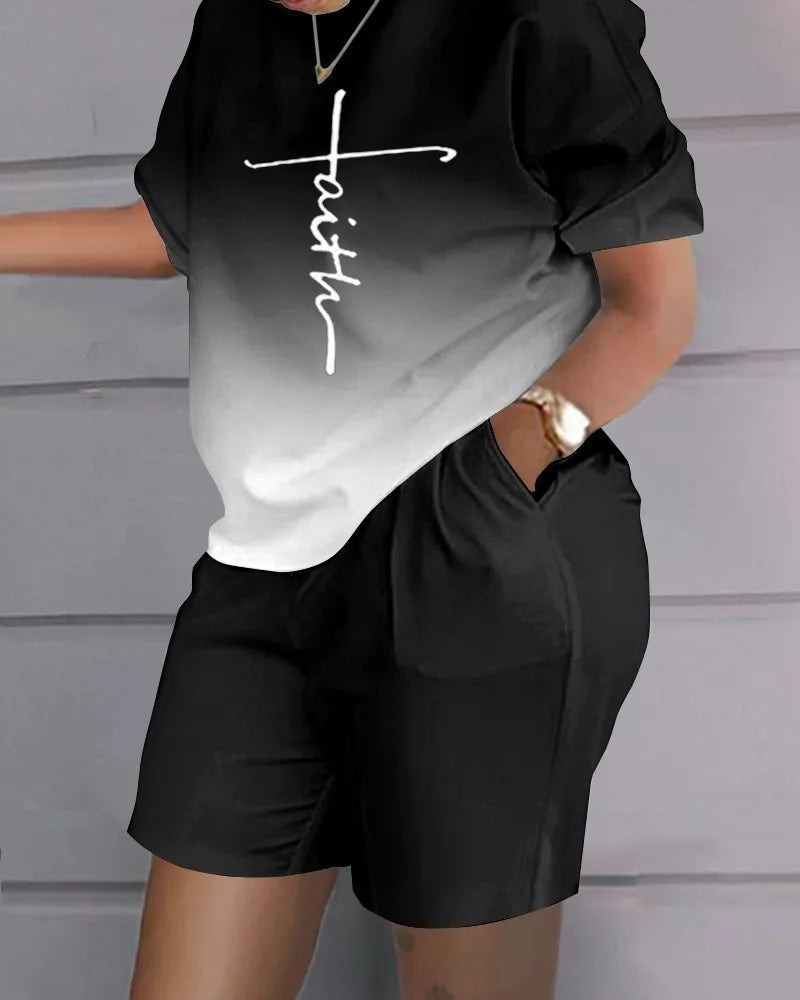 Ensemble 2 Pièces Femme T-Shirt Col Rond Imprimé Manches Courtes + Pantalon Crayon Taille Élastique Office Lady Casual 17 Coloris – CLEVI Paris