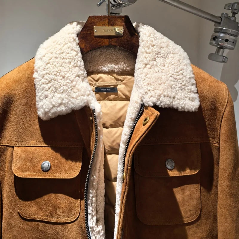 Veste homme en cuir marron à col bouclé – CLEVI Paris