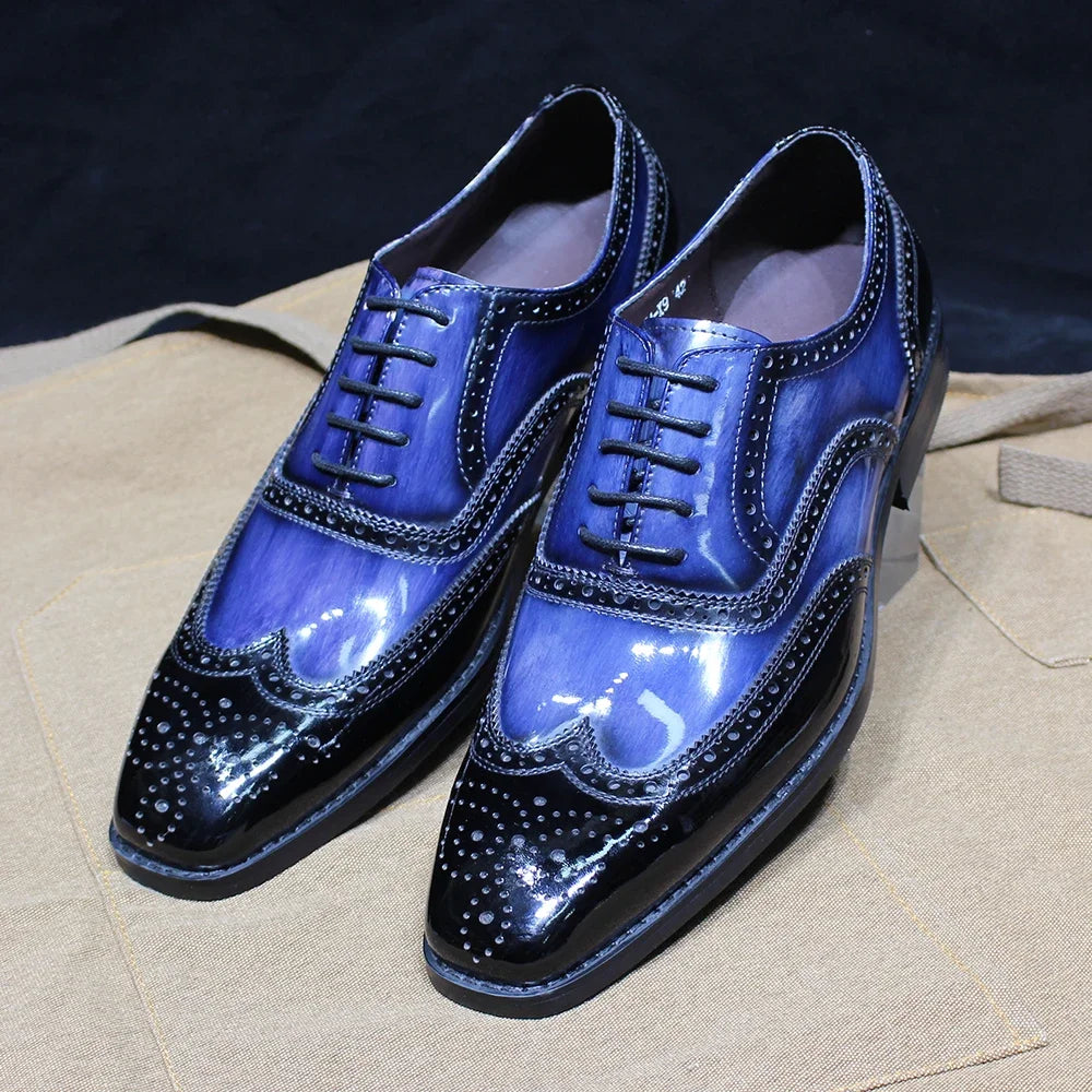 Oxford homme en cuir verni bleu à lacets – CLEVI Paris
