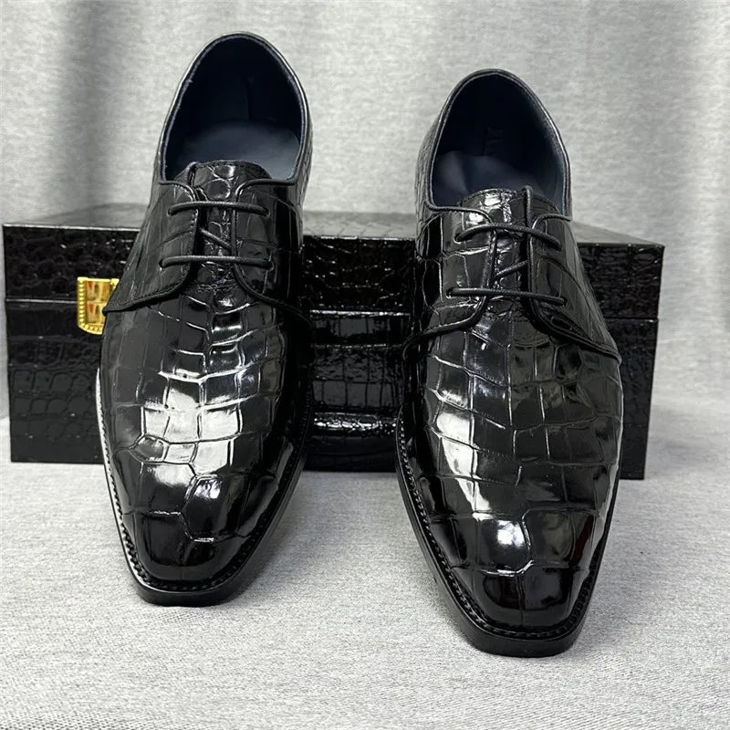 Richelieu Cuir Crocodile Homme Bout Carré Lacets – CLEVI Paris