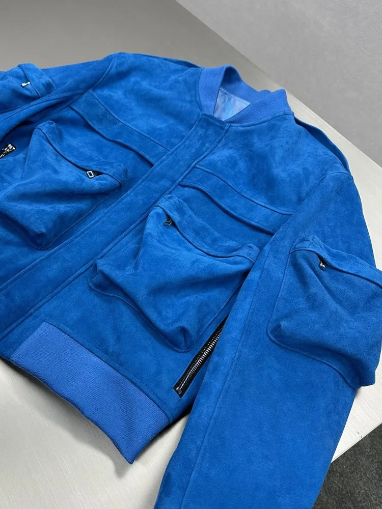 Bomber homme en cuir bleu aspect daim – CLEVI Paris