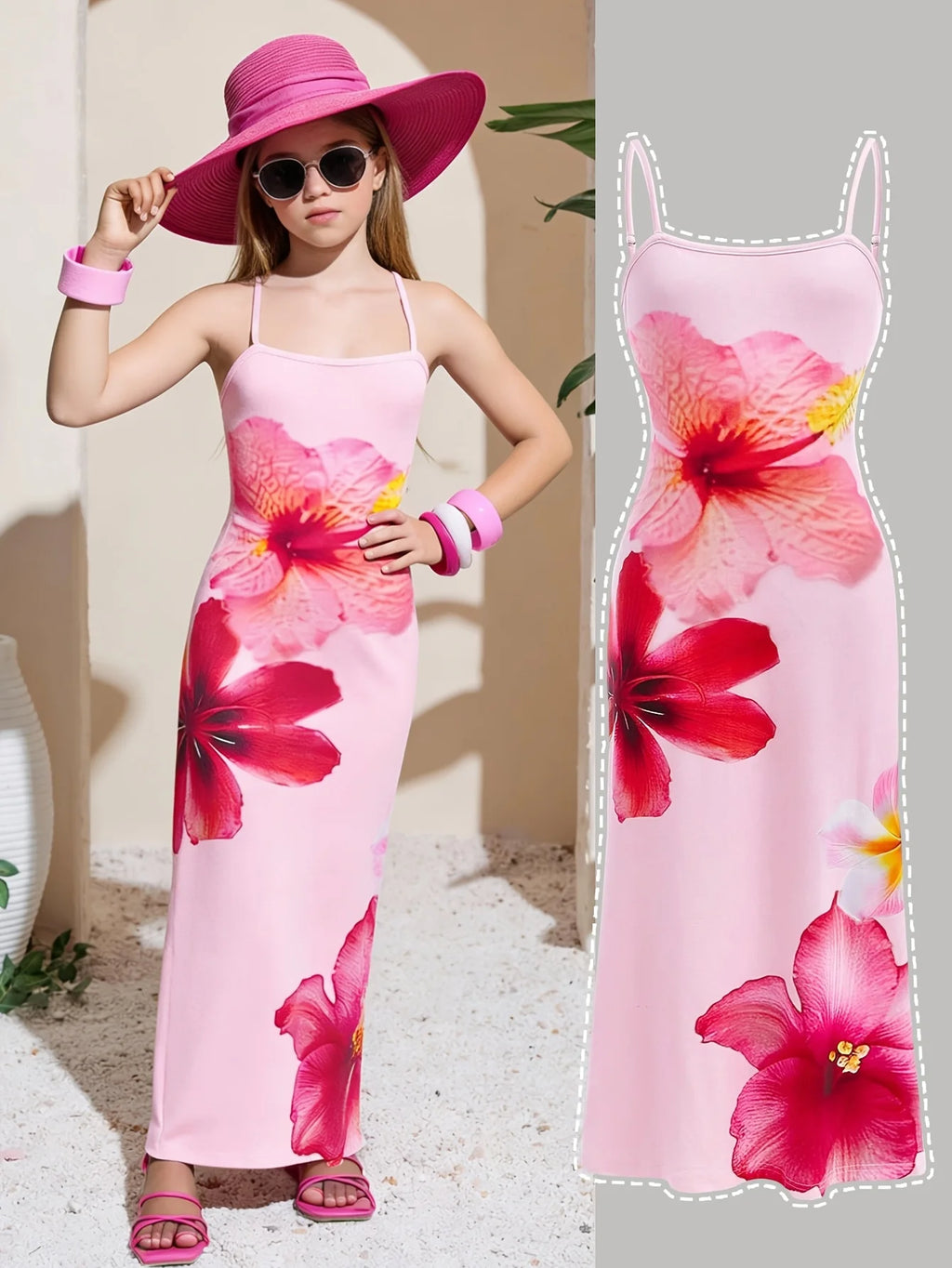 Robe fille rose à fleurs et bretelles – CLEVI Paris