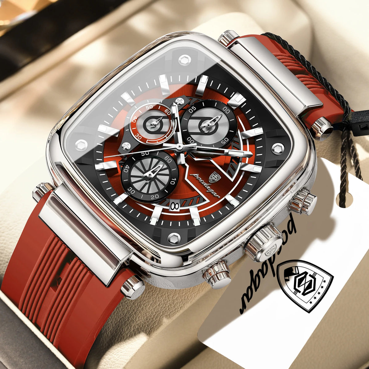 POEDAGAR 849 Montre Homme Quartz Carrée Chronographe Silicone Lumineux 30M – CLEVI Paris