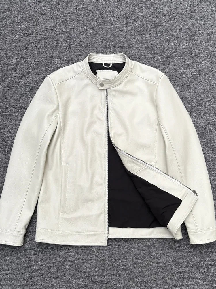 Veste homme en cuir ivoire à col montant – CLEVI Paris