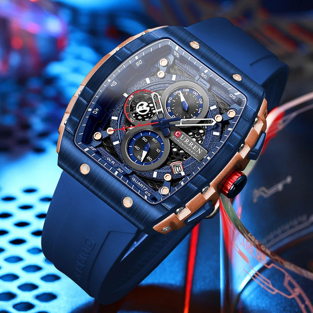 Montre Chronographe Homme CURREN 8442 – Boîtier Carré, Bracelet Silicone Sport