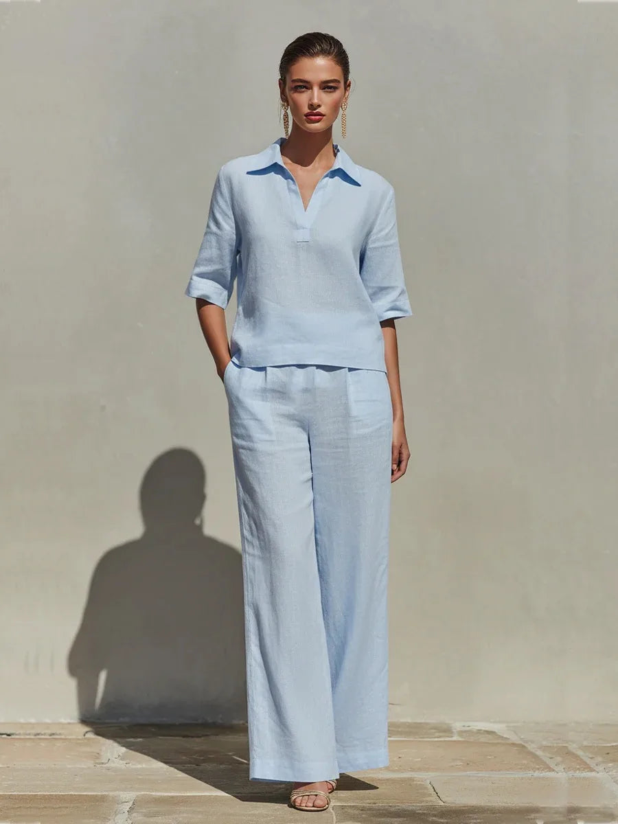 Ensemble Femme Blouse Col Polo et Pantalon Large – CLEVI Paris