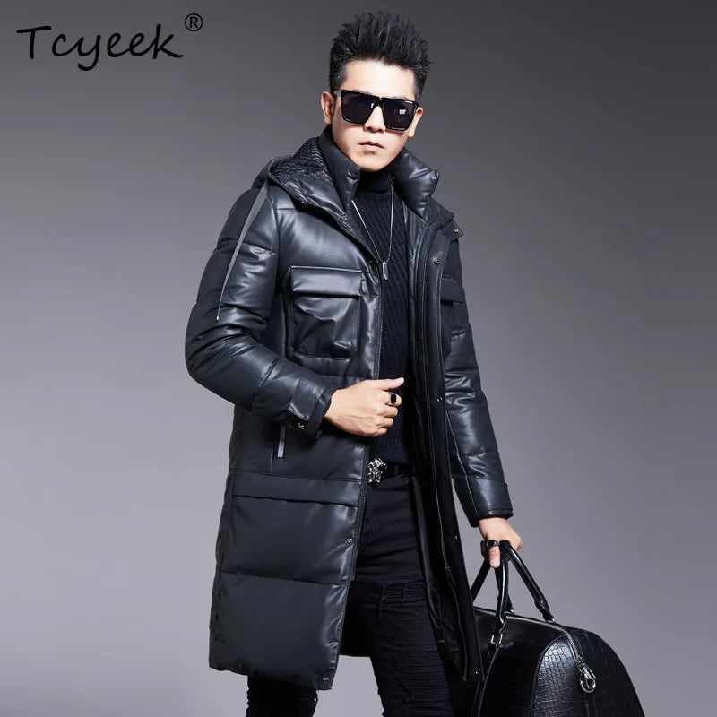 Manteau homme cuir et duvet d’oie à capuche – CLEVI Paris